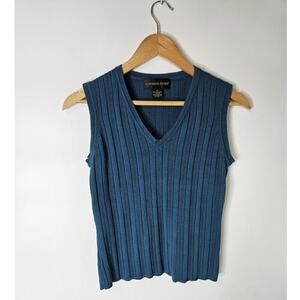 Vintage Classiquest Entier Sz Medium Blank Ribbed Knit V-Neck Sweater Vest Blue